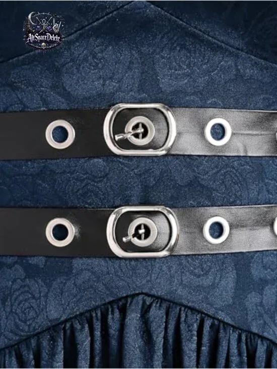 Plus Size Victorian Gothic Jacquard Midi Dress with Grommets and Buckles - Picture 3 of 4